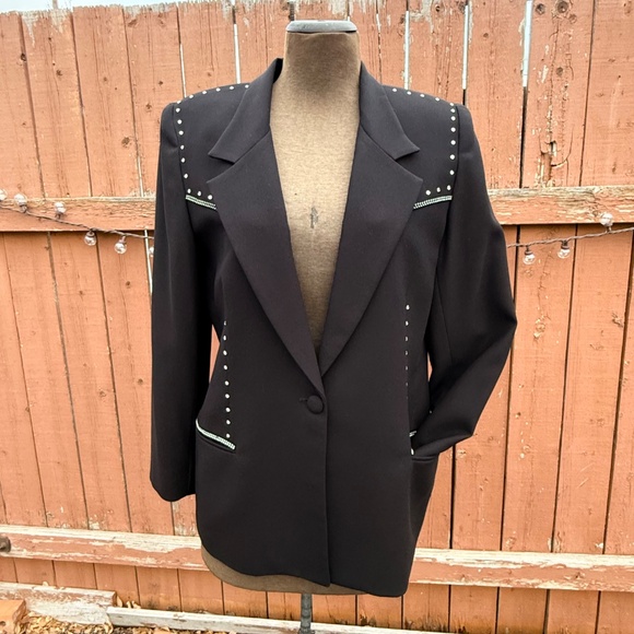 Sharp Vintage 90s Black Tailored Blazer with Rhinestone - Picture 2 of 10